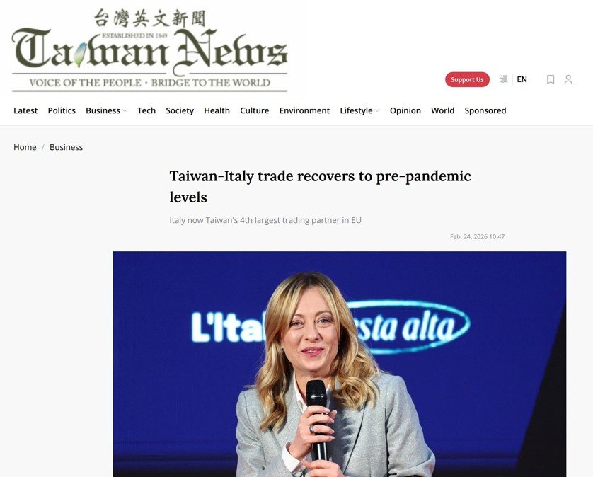 Taiwan-Italy trade recovers to pre-pandemic levels