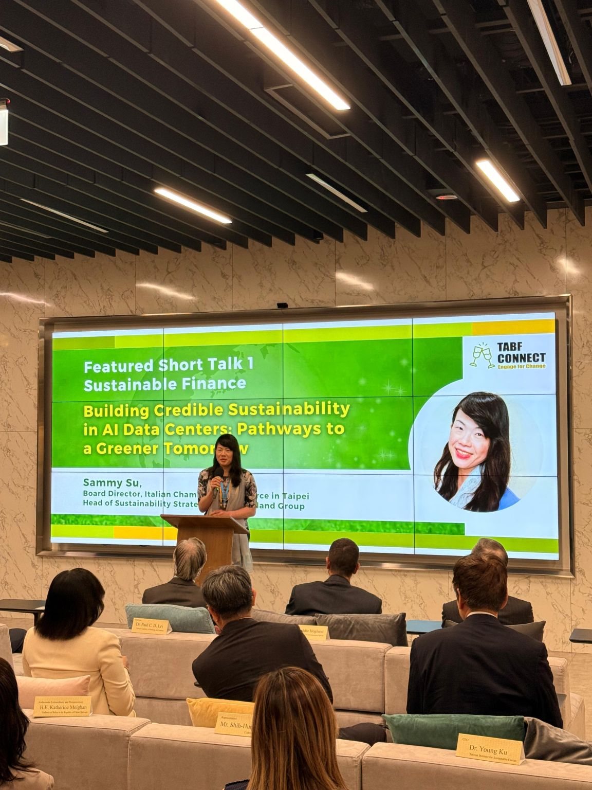 A speaker on stage at TABF Connect on Sustainable Finance